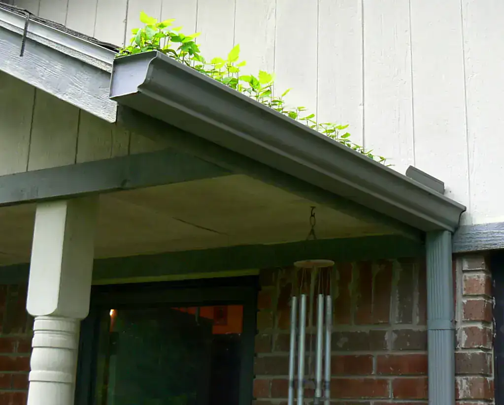 Cross-section illustration of a K-style gutter along a roof eave with a downspout carrying water to the ground.